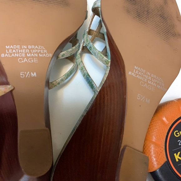 Y2K CARLOS SANTANA GREEN SNAKE CAGED SANDALS  SZ 5.5 M WEDGES LEATHER WEAVE - Picture 12 of 15